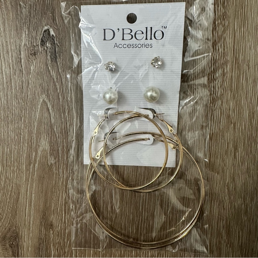 NWT D’Bello Boutique Pearl Earrings & Gold Hoops Set of 4